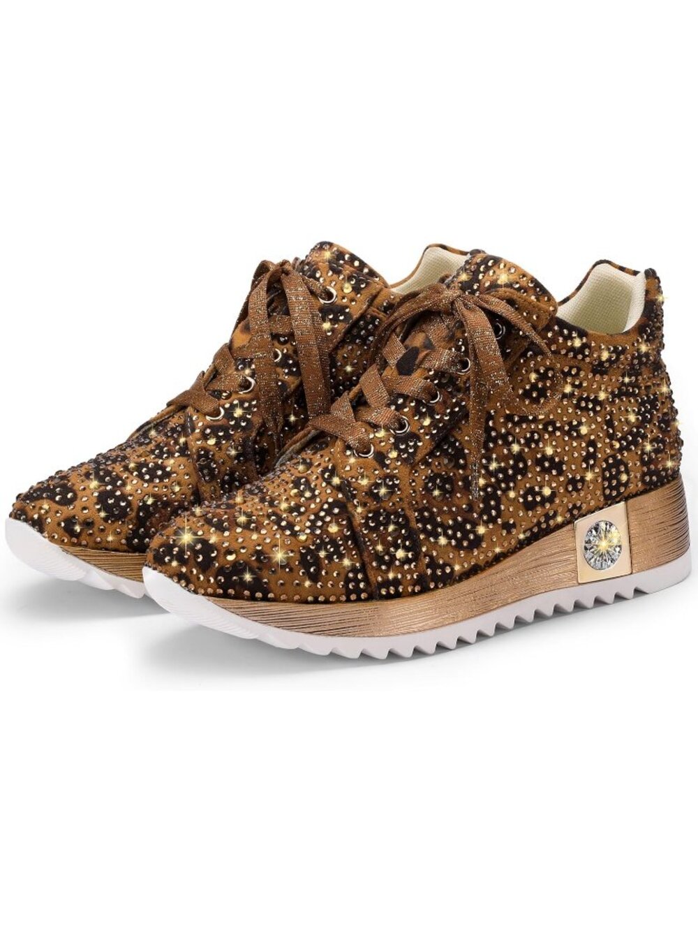 Women's Leopard Glitter Sneakers Platform Wedge Shoes Sparkly Rhinestone - Picture 5 of 6